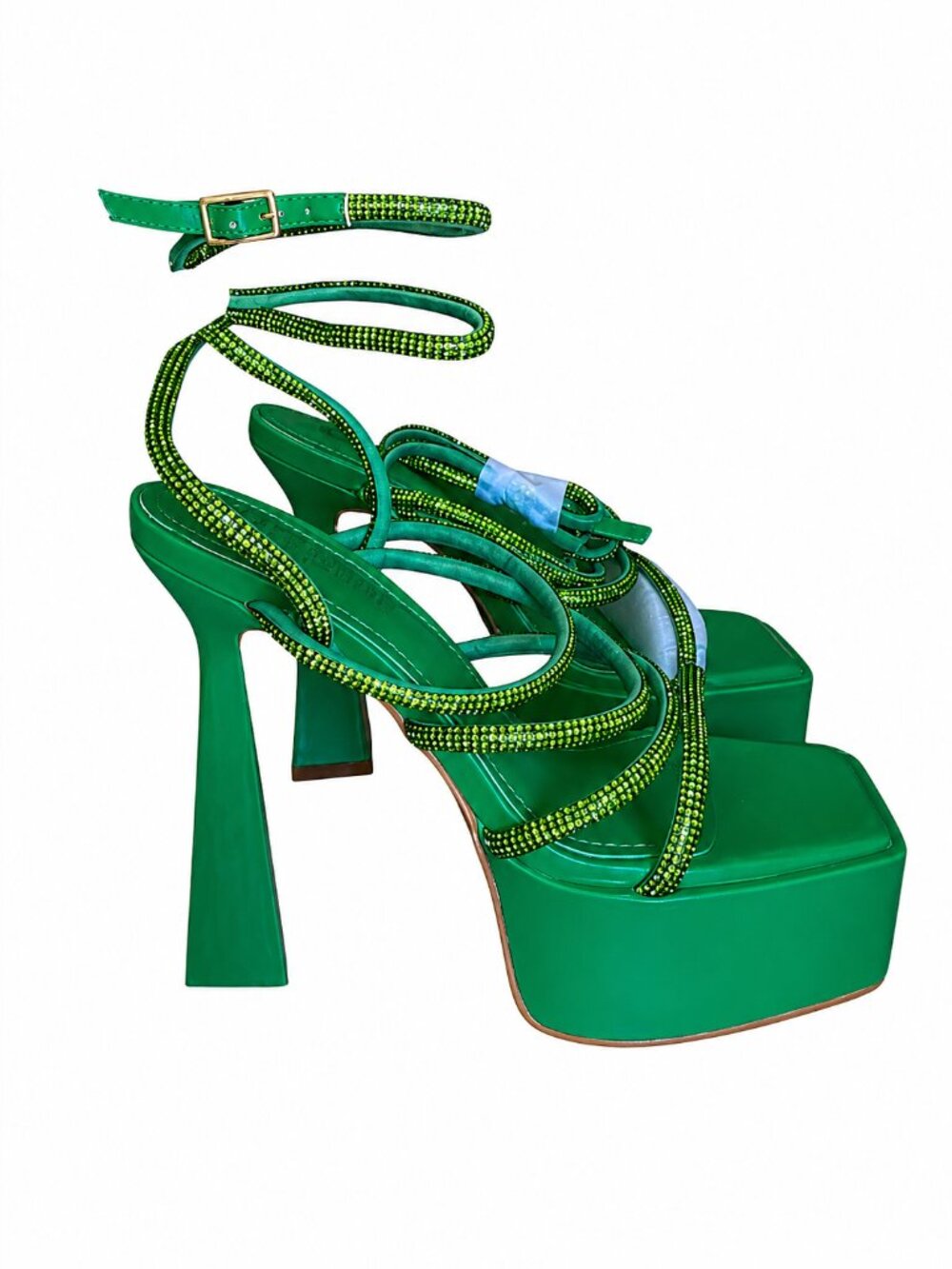 Cape Robbin Green Rhinestone Platform Heels Square Toe Lace-Up Sandals, 6.5